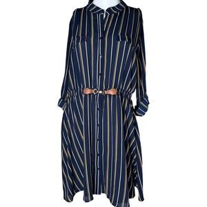 Always Indigo Shirt Dress Navy Blue Striped Womens 1X Belted Roll Tab Sleeve